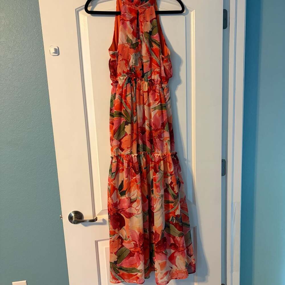 Nicole Miller New York Floral Sleeveless Halter Chiffon Tiered Dress